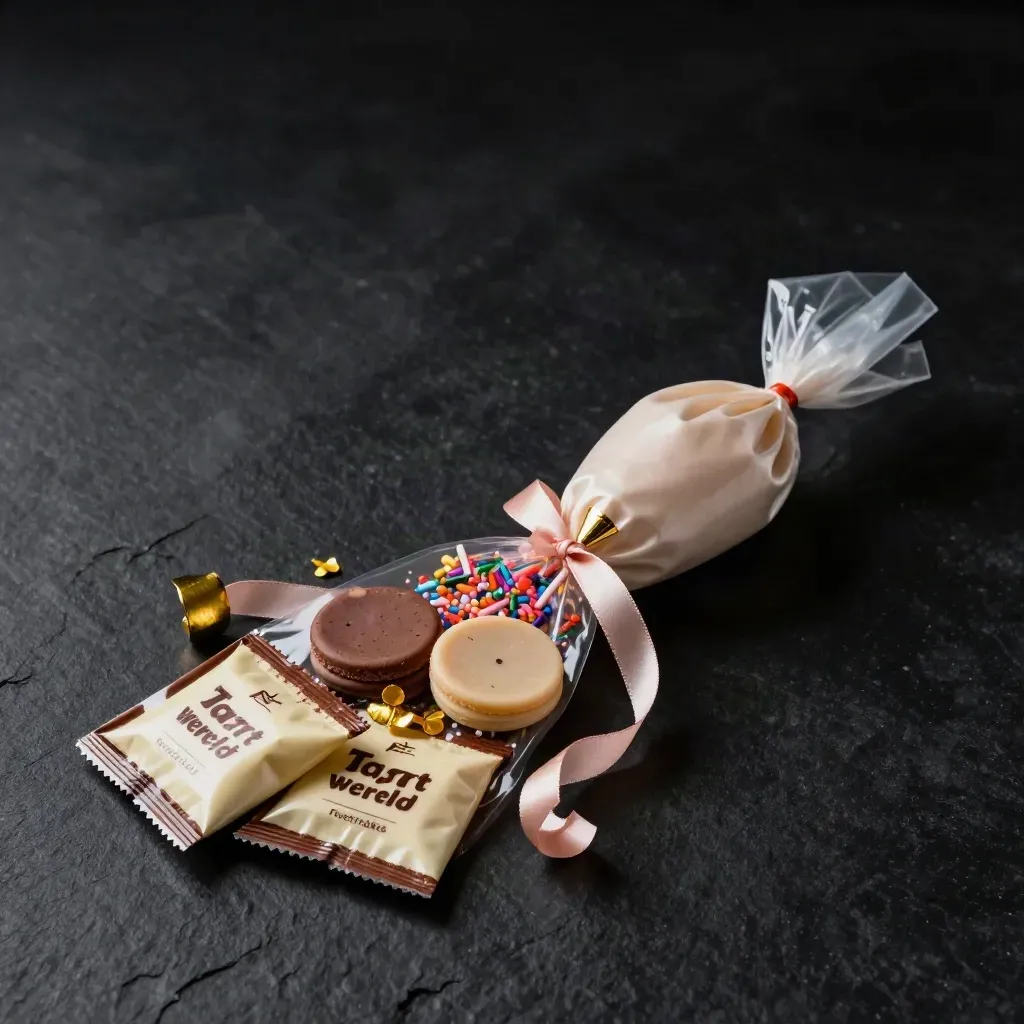 Feesttaart-bundel met sprinkles, mix, icing en toppers op donkere steen met roze lint