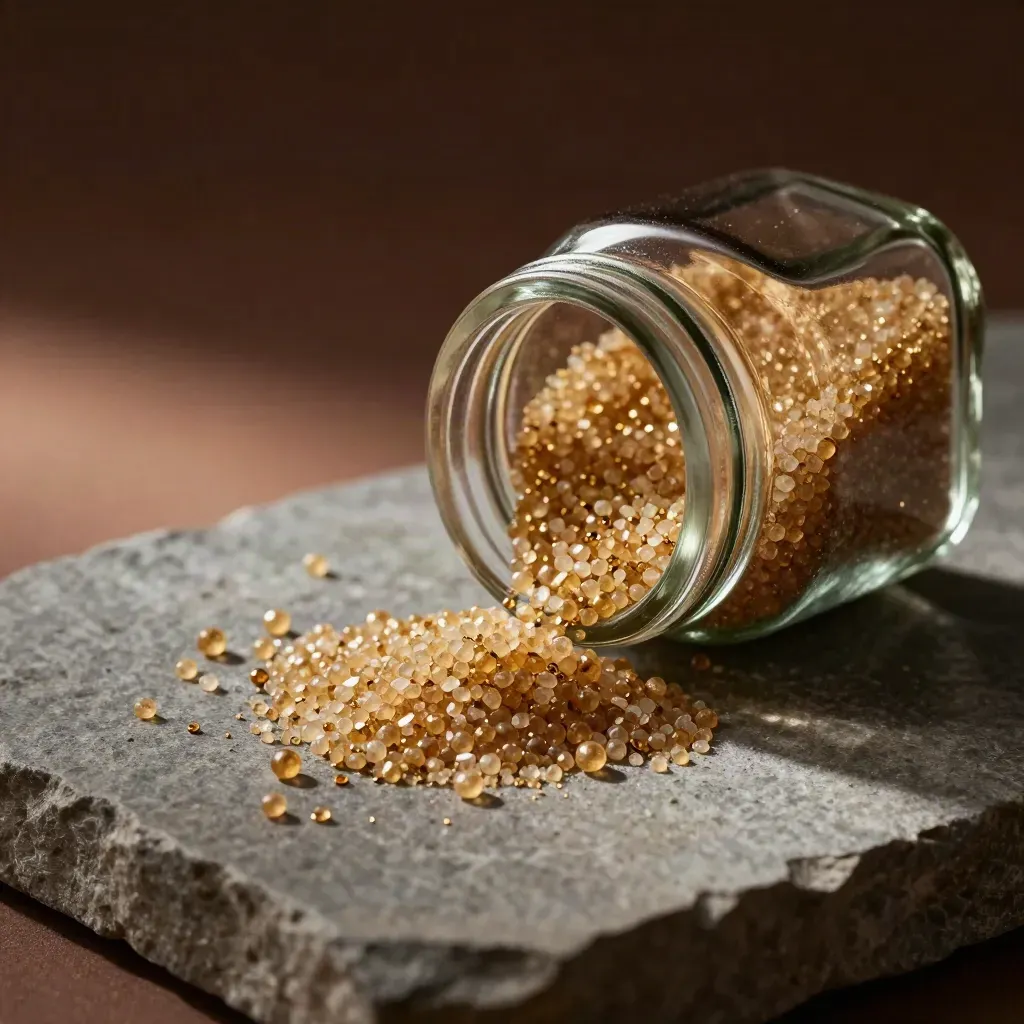Gouden suikerparels in een glazen potje op matte steen, met een sierlijke boog van pareltjes eromheen.