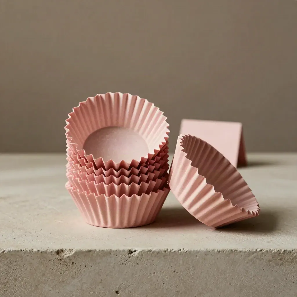Roze muffinvormpjes in een nette flatlay op steen met zacht licht en bloemige poederwaas.
